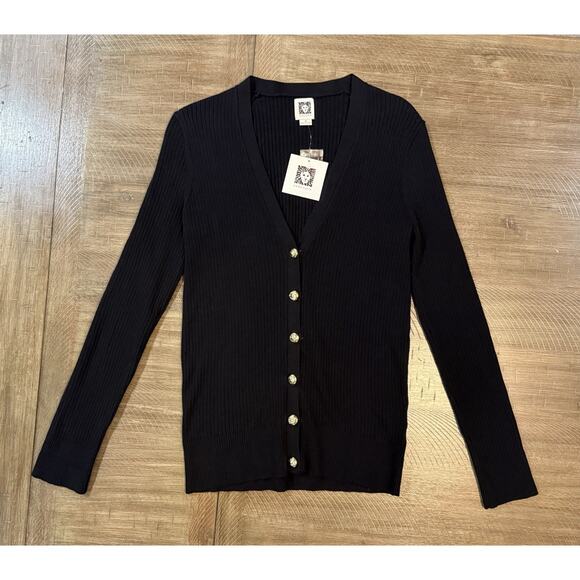 NWT Anne Klein Black Ribbed Long Sleeve Button Up Sweater Top Womens Size Small - Picture 14 of 14